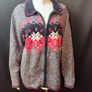 Vintage 2X holiday sweater jacket full zip winter snowflakes red black cardigan